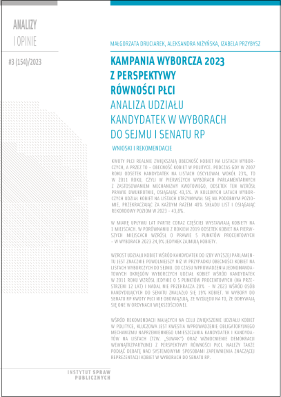 Kampania wyborcza 2023 z perspektywy równości płci: analiza udziału kandydatek w wyborach do Sejmu i Senatu RP